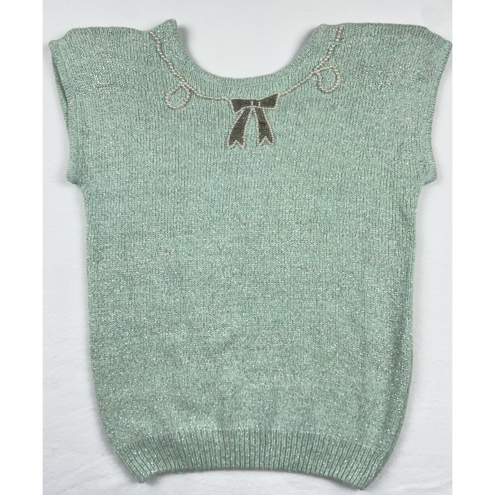 Vintage Heidi Mint Green Metallic Knit Silk Angora Wool Beaded Bow Top L